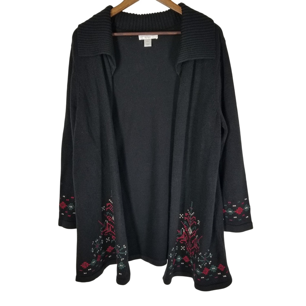 Christopher & Banks Petite Black Fair Isle Christmas Tree Cardigan‎ Sweater PXL